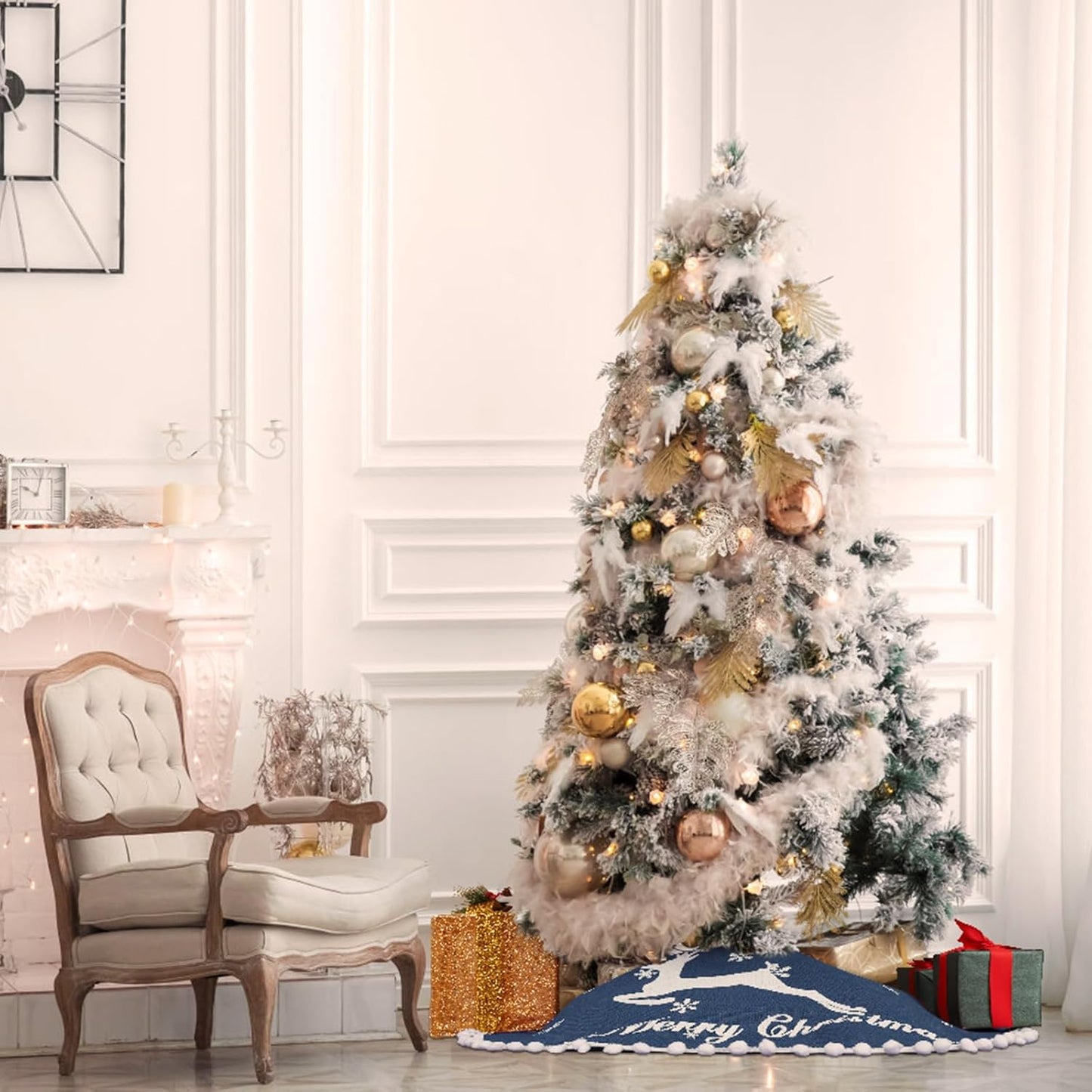 30 Inch Christmas Tree Skirt, Burlap Blue Christmas Rustic Tree Skirt with Elk Deer and White Snowflake Printed for Holiday Party Xmas Tree Decoration