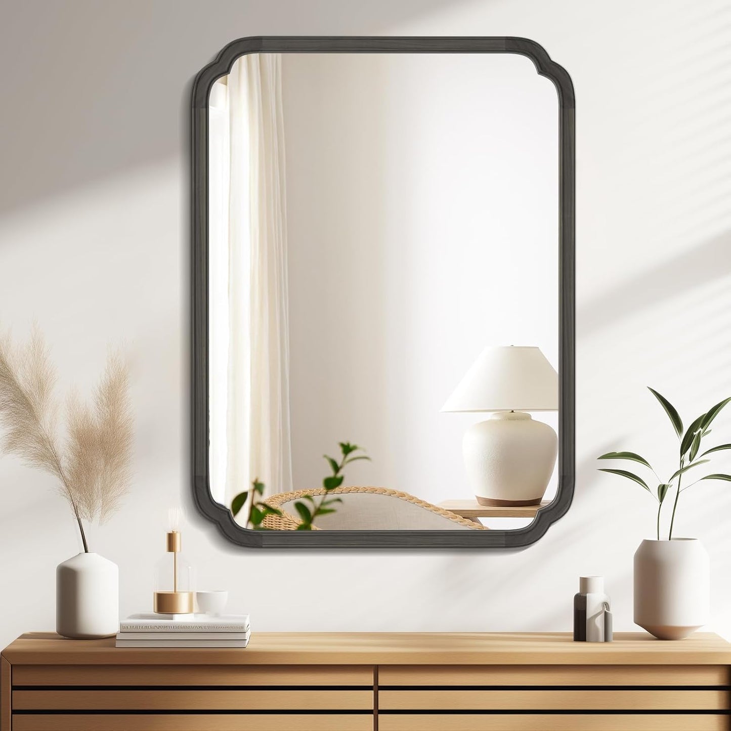 WallBeyond 30" x 40" Rounded Corner Arch Wall Mirror with Wood Frame for Entryway, Living Room or Bedroom Home Decor - Light Woodgrain [30 x 40 inches, Black]