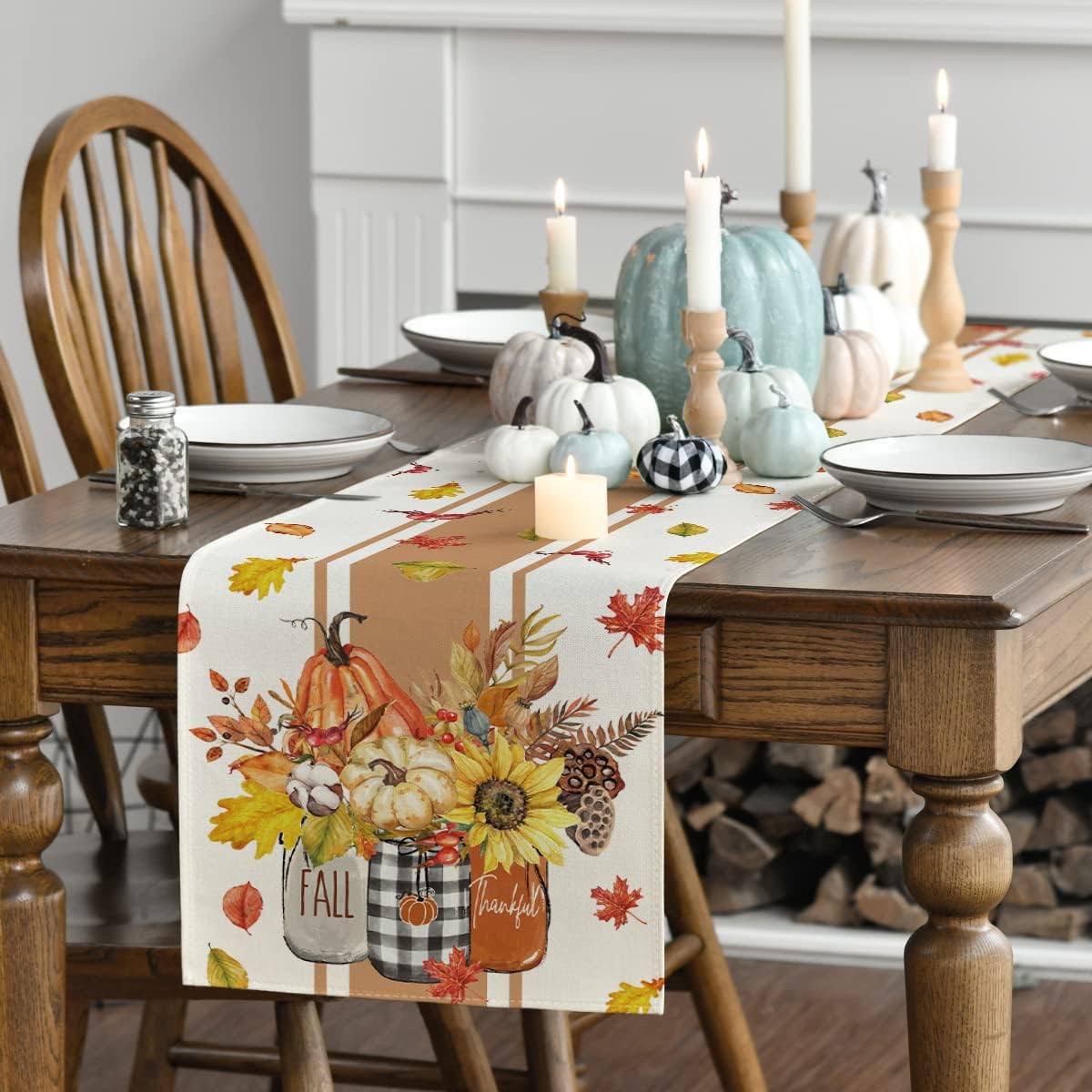 Artoid Mode Thankful Fall Pumpkin Leaves Floral Vases Table Runner, Autumn Thanksgiving Kitchen Dining Table Decoration for Home Party Decor 13x90 Inch