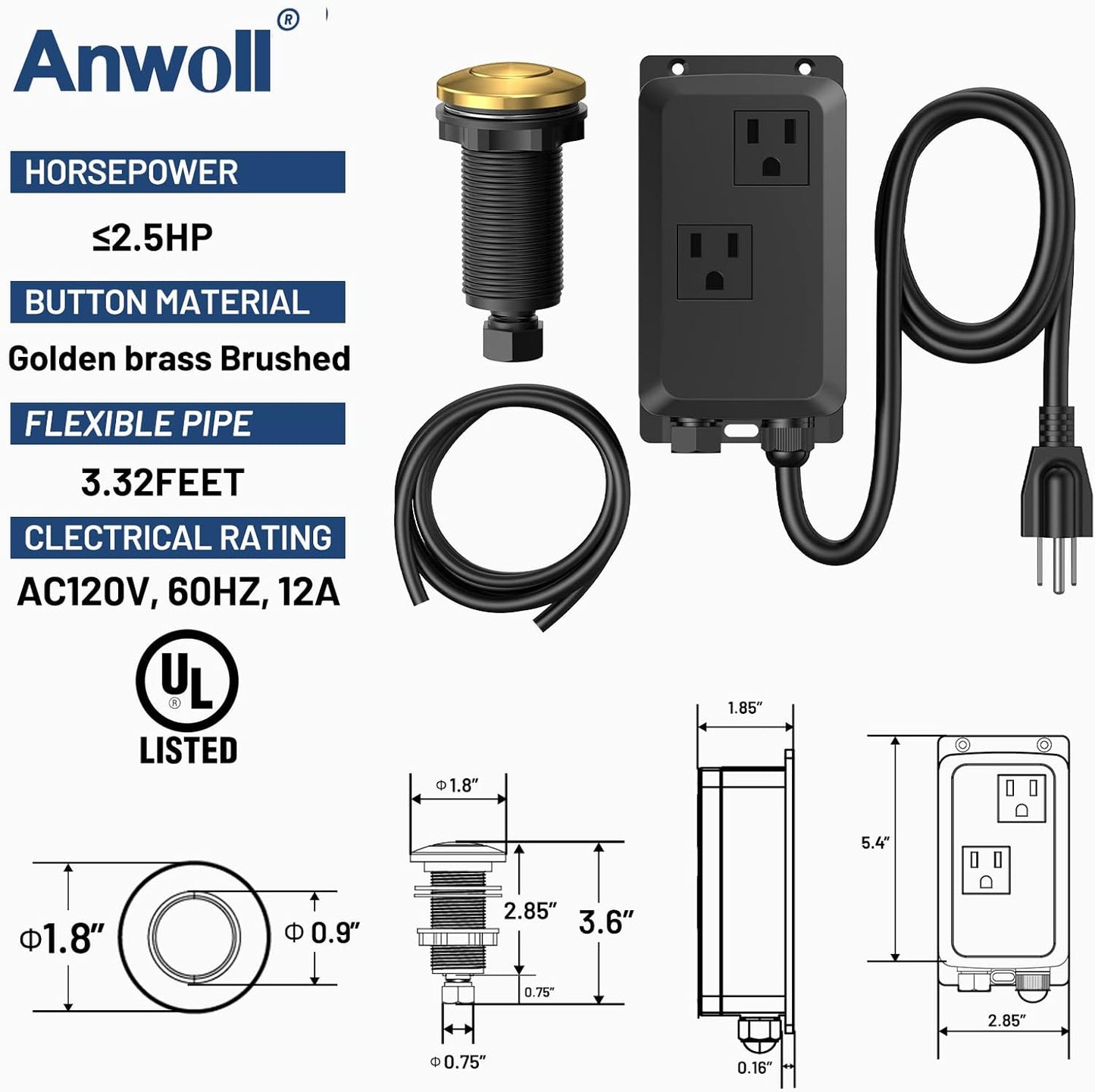 Garbage Disposal Air Switch Kit -Professional- Dual Outlet, Sink Top Waste Disposer On/Off, Garbage Disposal Button, Brass Made Cover, UL Listed