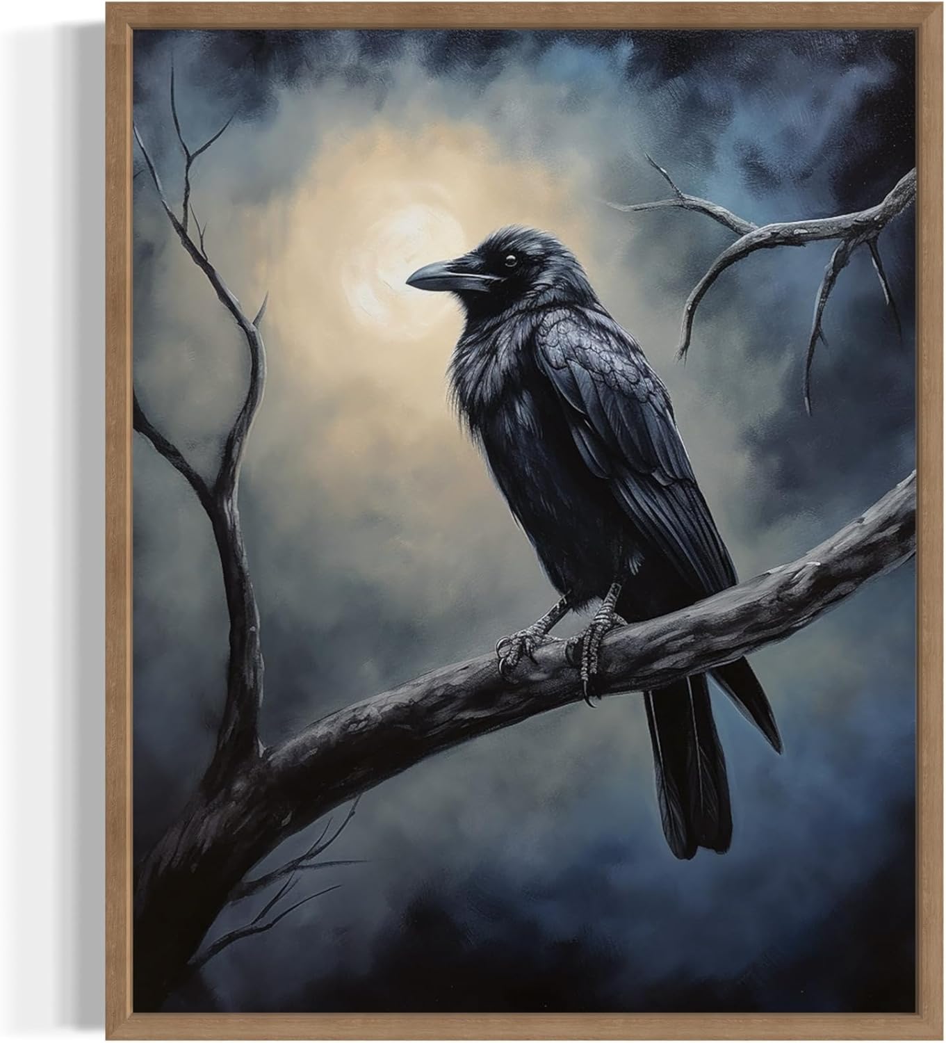 Crow under the Moonlight Poster Art Print, Halloween Scary Vintage Wall Art Academia Spooky Painting Decoration for Horror Prints, Gothic Posters Bedroom Decor 89 (Crow under the Moonlight, 11 x 14 inches, Wood Frame)