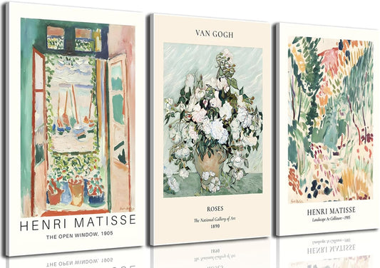 Framed Sage Green Matisse Wall Art Set of 3 Vintage Vin Gogh Flower Market Posters Retro Open Window Canvas Prints Abstract Aesthetic Artwork Painting Picture Decor for Living Room Bedroom 16x24in