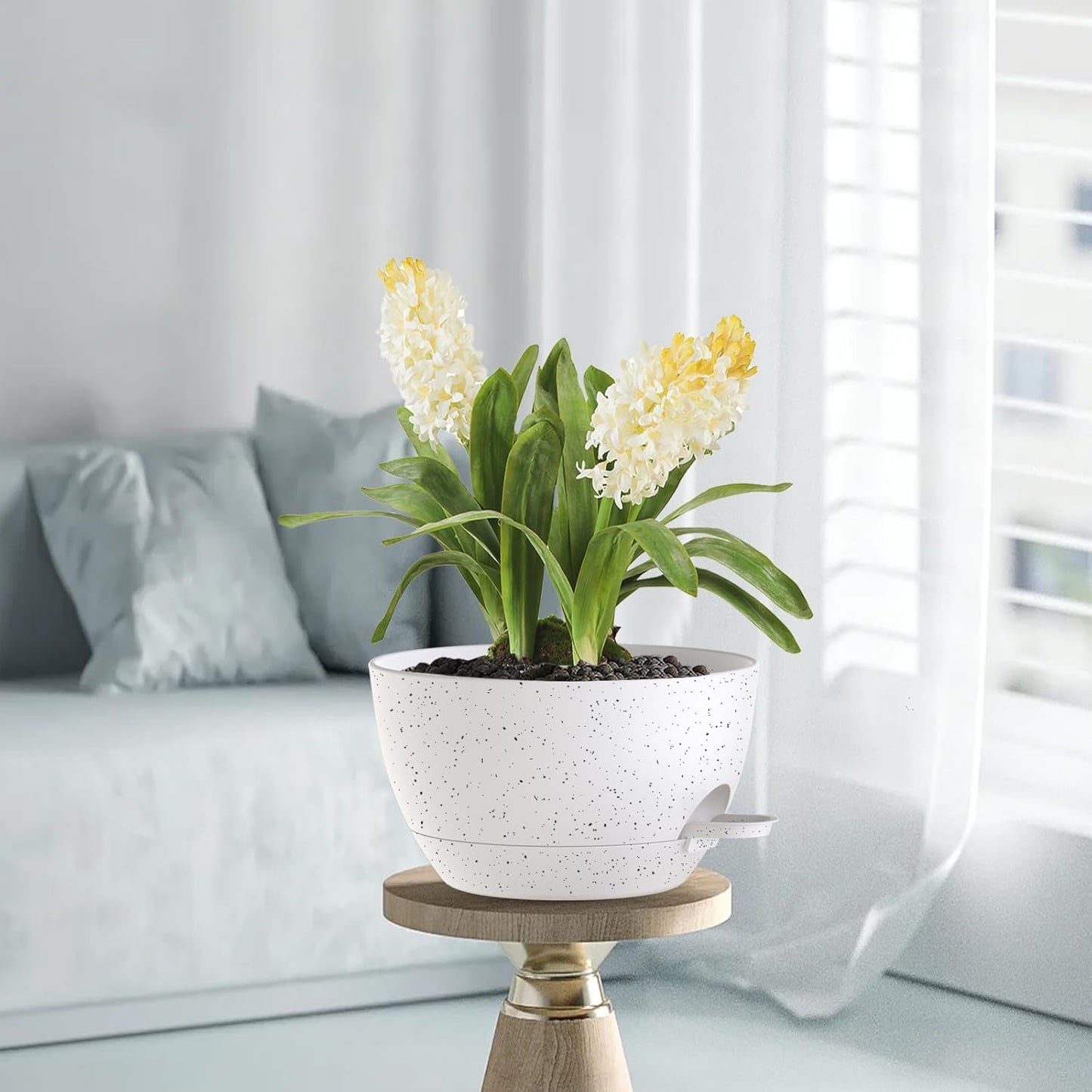 12 Inch Hanging Baskets 2 PC with Chains, Self-Watering Hanging Planters for Indoor Outdoor Plants, Plastic Hanging Flower Pots,Speckled White