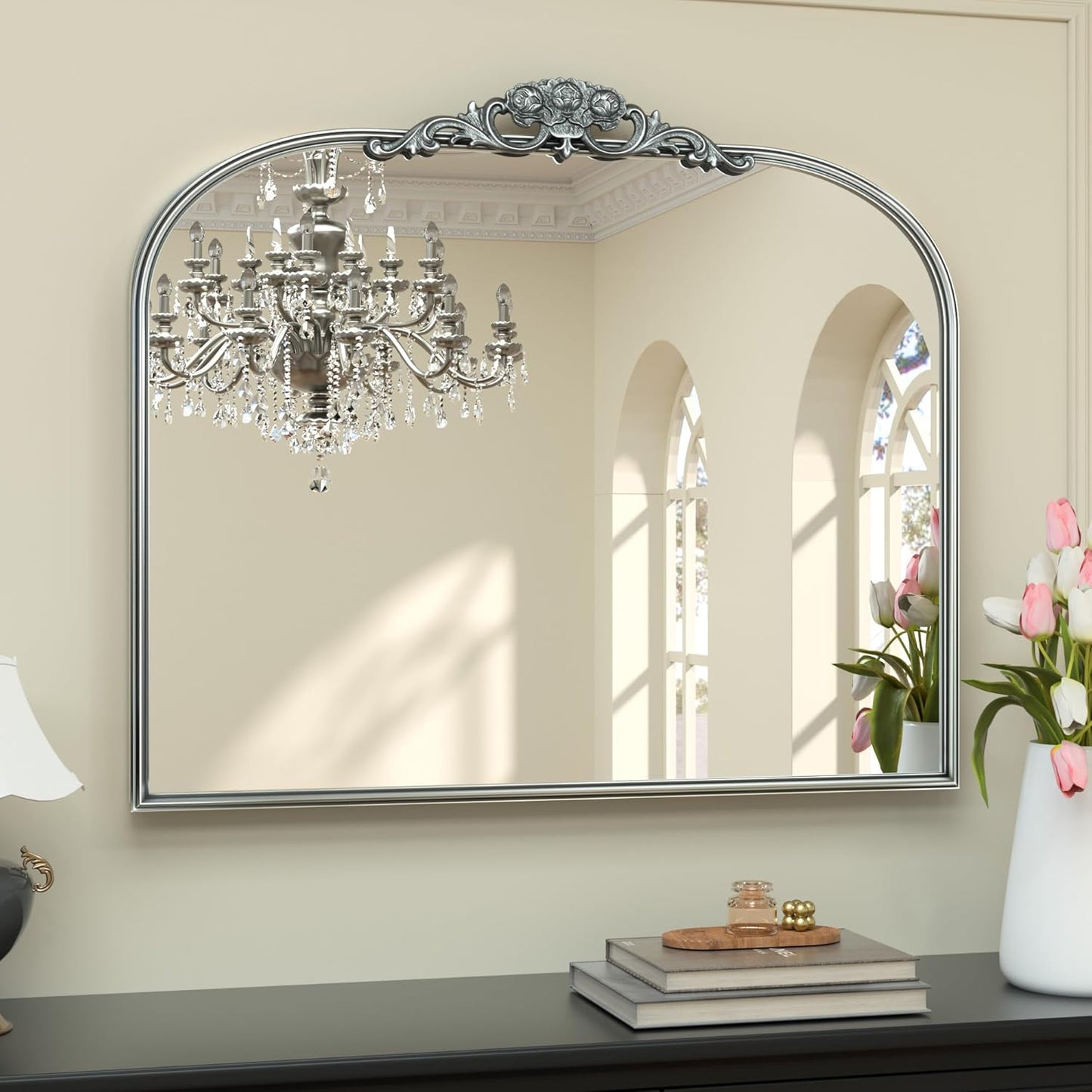 Keonjinn Vintage Mirror for Wall, 36" x 30" Silver Antique Mirrors with Metal Frame, Baroque Style Decoration for Mantle, Bathroom, Living Room, Fireplace, Bedroom, French Cleat Mounting