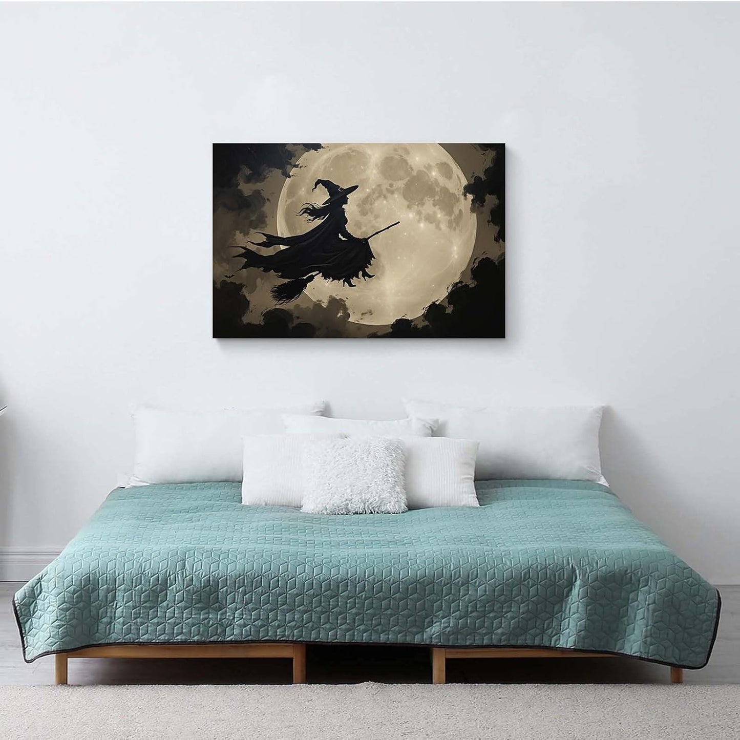 Full moon witch silhouette poster witch on magic broom Halloween mural poster decorative mural art suitable for home living room bedroom8x12in Wood Framed