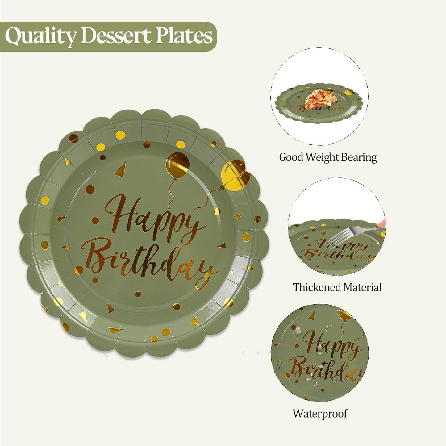 50PCS Sage Green and Gold Happy Birthday Paper Plates, 7 Inch Scalloped Disposable Birthday Dessert Cake Plates Metallic Foil Polka Dots Party Supplies for Birthday's Decorations
