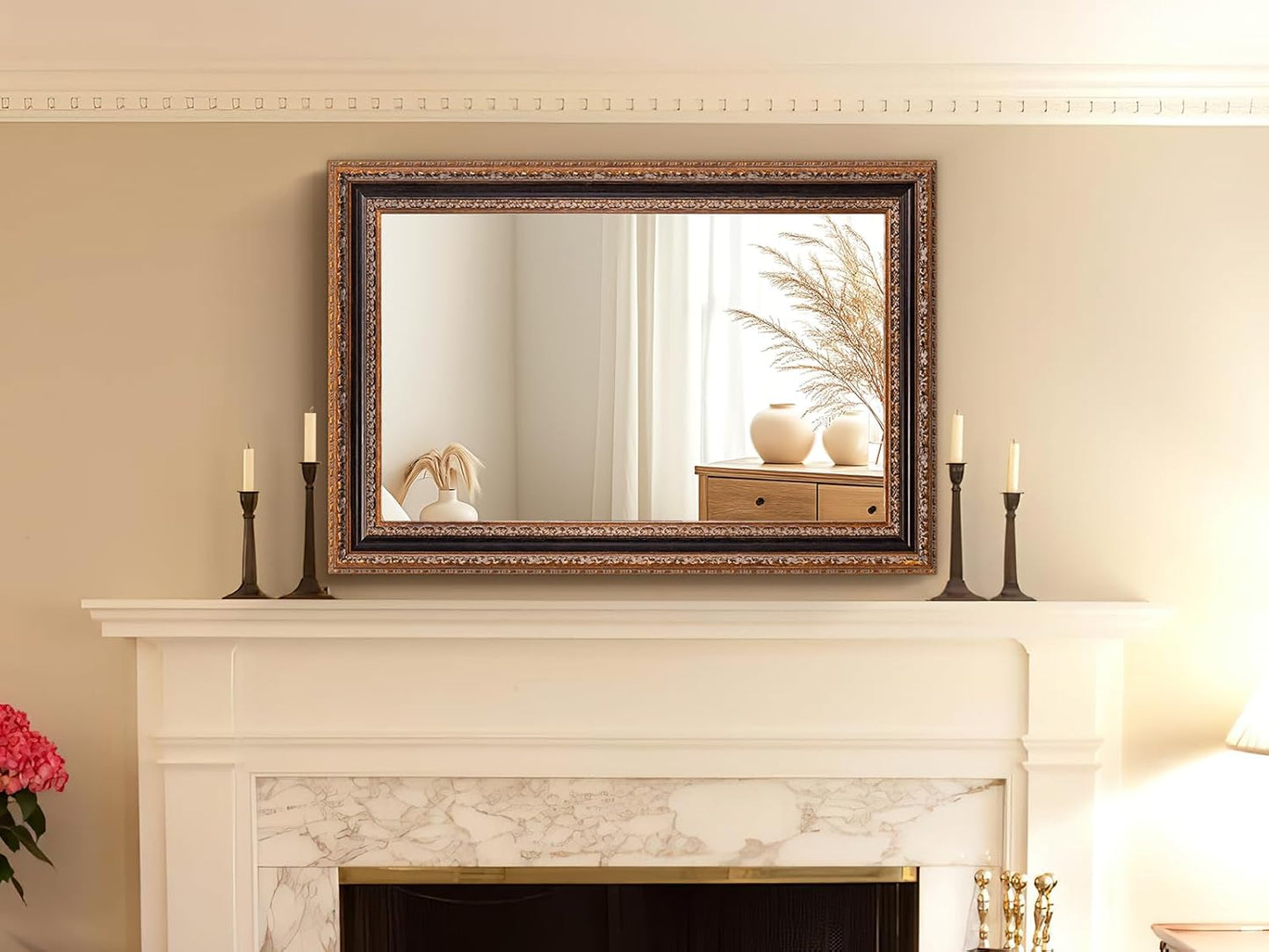 Vintage Accent Mirror 41.5" X 30", Bronze Antique Mirror with Handmade Aging 3D Carvings Wood Frame for Entryway, Living Room, Bathroom and Bedroom