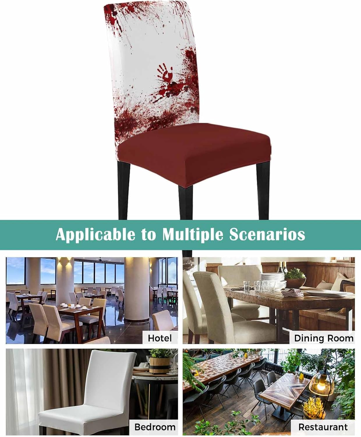 4 Pcs Dining Chair Covers Stretch Spandex Slipcovers Halloween Horror Bloody Handprint Removable Washable Dining Room Seat Cover Cushion Protector for Home Hotel Banquet Decor Red Blood White