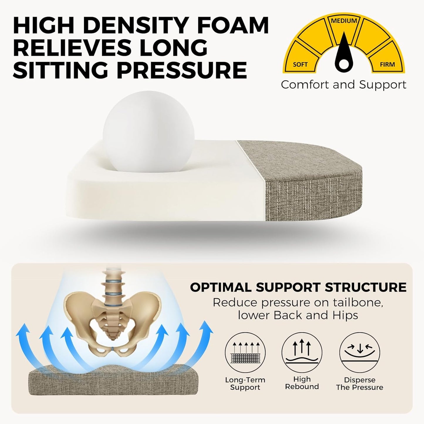 downluxe Indoor Chair Cushions for Dining Chairs, Soft and Comfortable Textured Foam Kitchen Chair Pads with Ties and Non-Slip Backing, 16" x 16" x 2", Khaki, 6 Pack