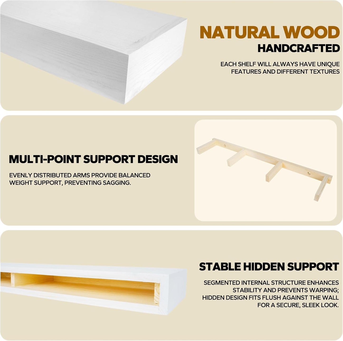 Floating Shelves 3 inch Thick for Wall Set of 2,Solid Pine Wood Wall Mount Shelf for Kitchen Living Room Bedroom Bathroom,8" D x 36" L x 3" H-White