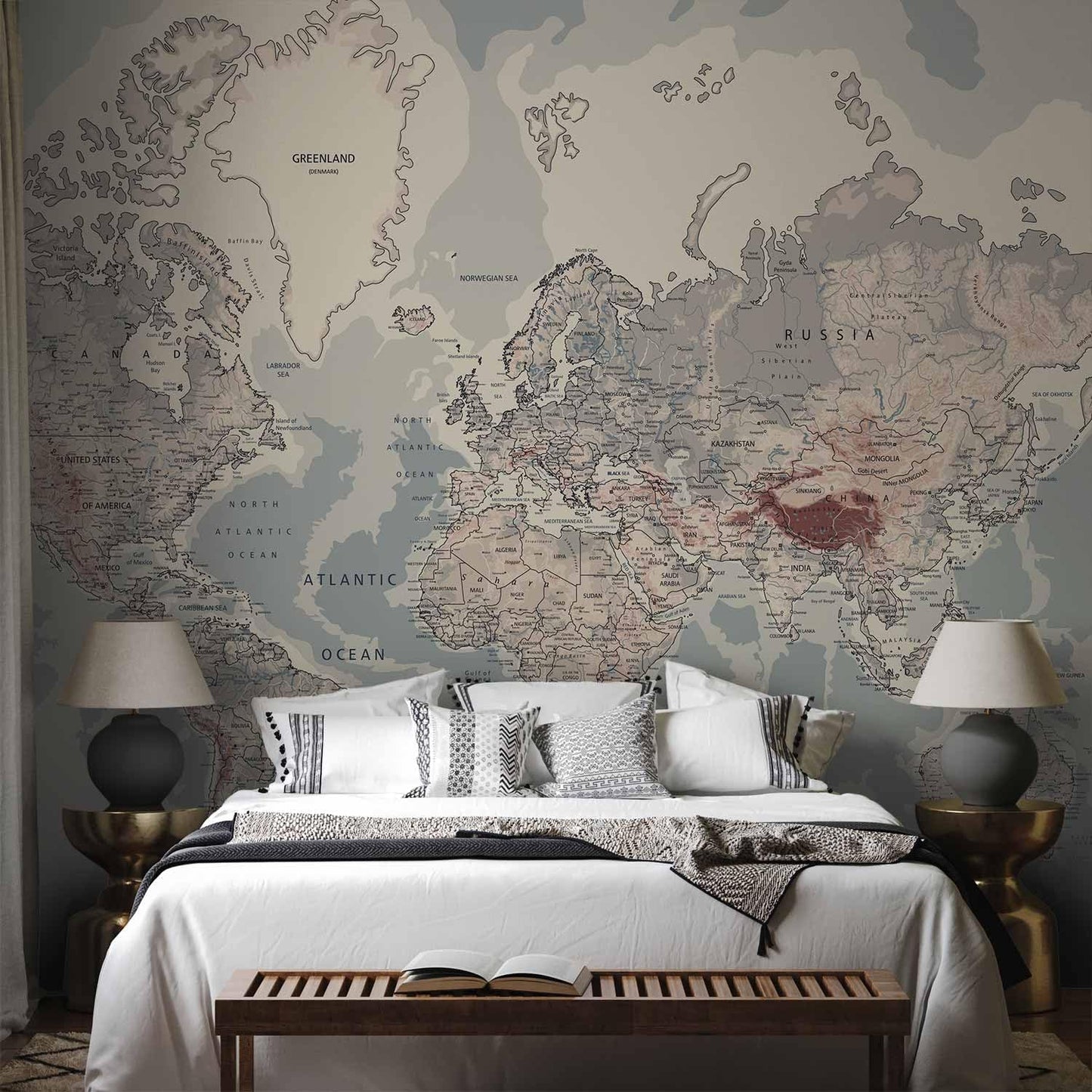 artgeist Premium Wall Mural World Map 197x138 in - Non-Woven Wallpaper Fleece Wall Decor Photo Print Picture Image Design Home Map of The World k-A-0061-a-c