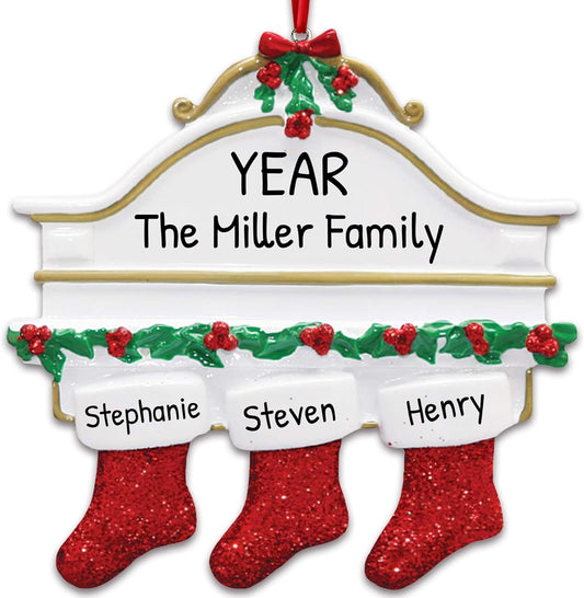 3D White Mantle Family of 3 Christmas Ornament 2025 Personalized Family Christmas Ornaments 2025 | Garland Fireplace Personalized Tree Ornaments Customizable Gifts Red Stockings of Three Ornament