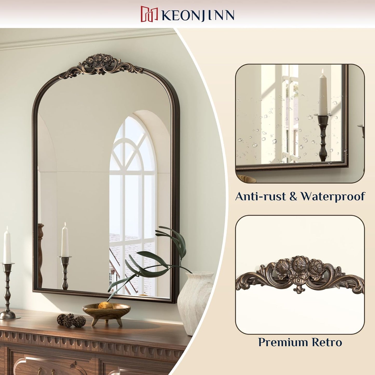 Keonjinn Vintage Mirror for Wall, 36" x 30" Bronze Antique Mirrors with Metal Frame, Baroque Style Decoration for Mantle, Bathroom, Living Room, Fireplace, Bedroom, French Cleat Mounting
