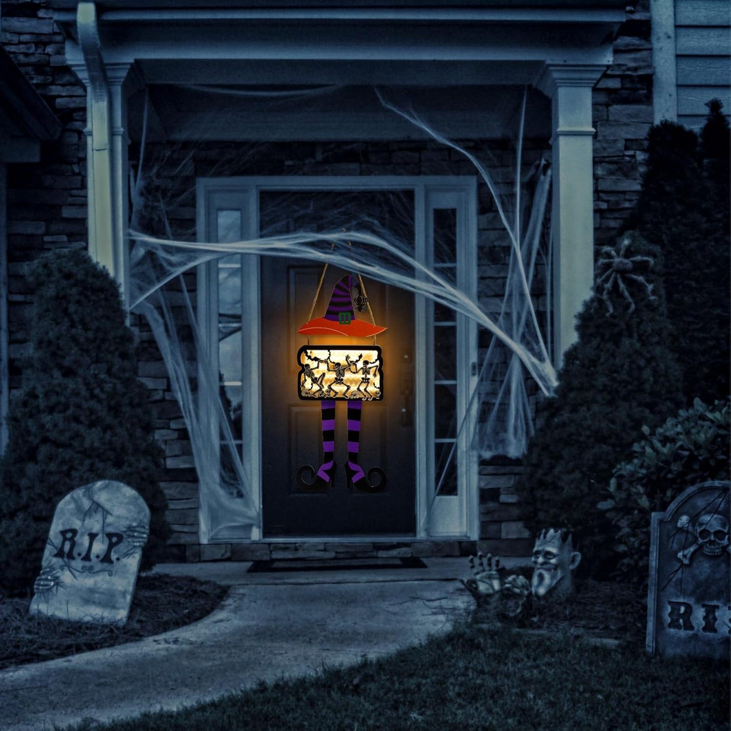 FINGOOO Halloween Door Hanging Sign, Large Witch Skeleton Halloween Door Hanger with Light for Front Door Decor