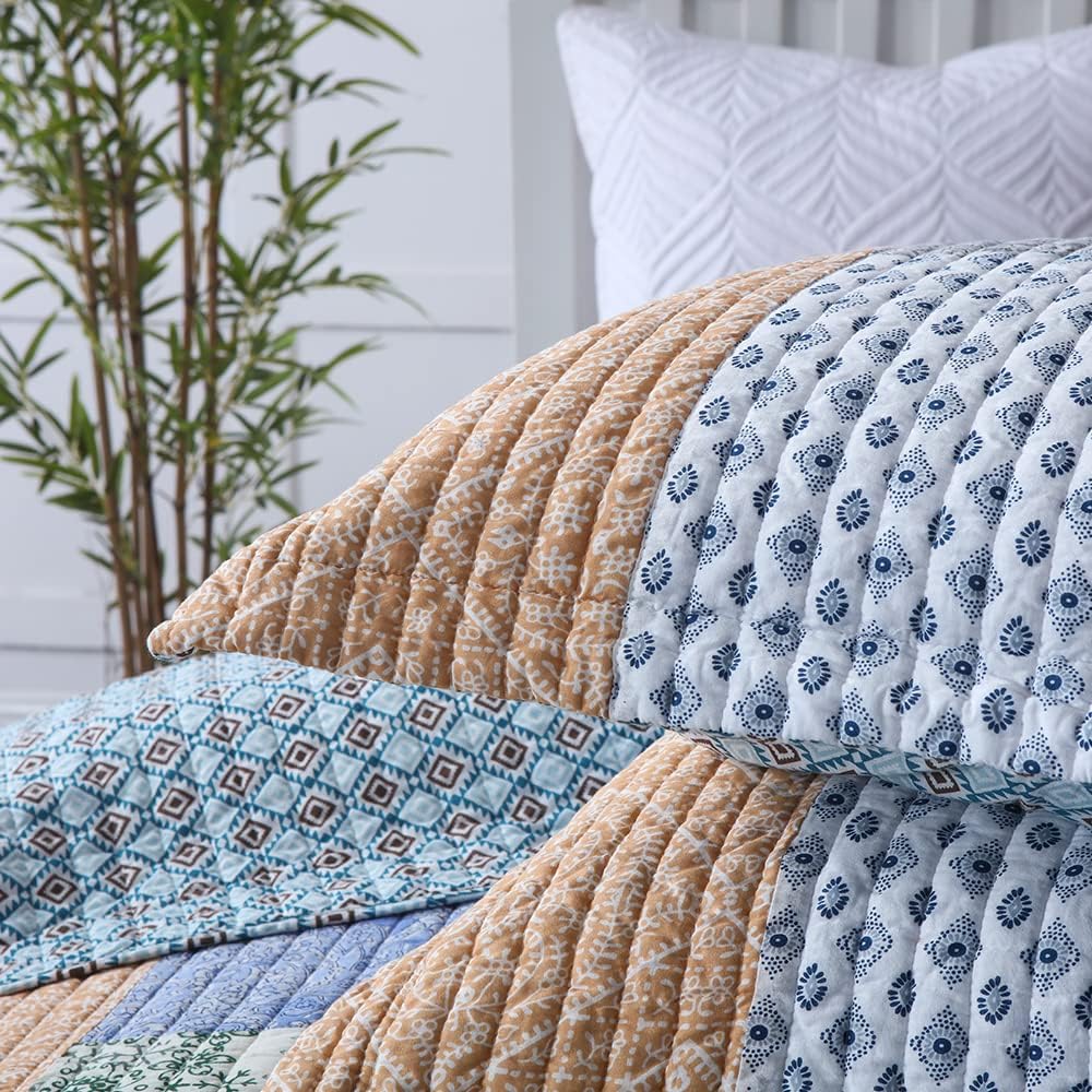 Autumn Dream Cotton Bedspread Quilt Sets Reversible Bedding Coverlet Sets Comforter, Bohemian Paisley Patchwork Blue Bedspread, King Size