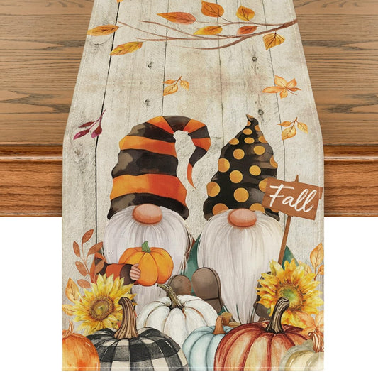 Artoid Mode Wood Gnomes Pumpkins Sunflower Leaves Fall Table Runner, Seasonal Autumn Kitchen Dining Table Decoration for Home Party Decor 13x72 Inch