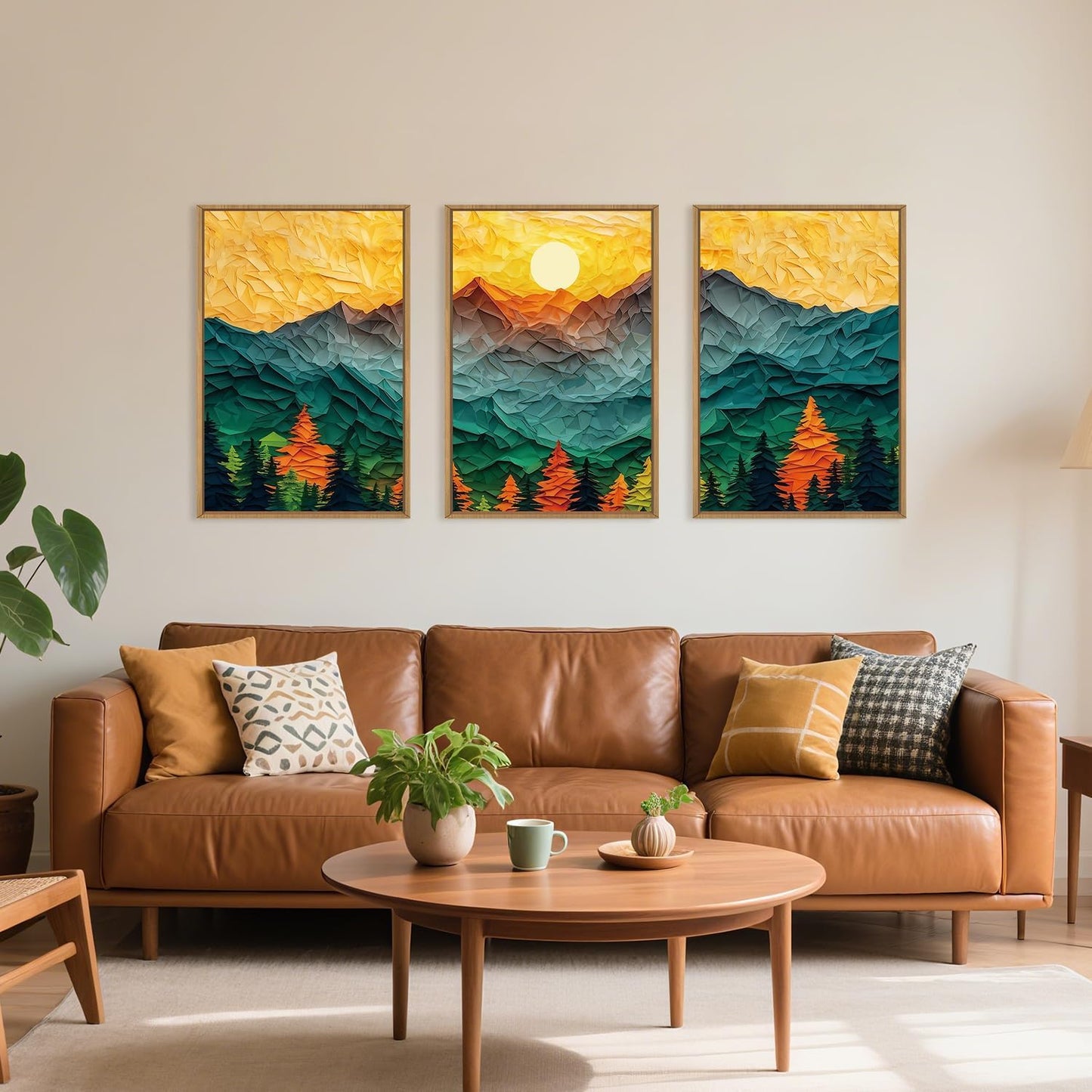 Abstract Mountain Framed Canvas Wall Art Set, Forest Pine Tree Golden Sunset Wall Decor, Mixed Patchwork Landscape Art Print for Living Room, Bedroom, Dining Room, Office - 16"x24"x3
