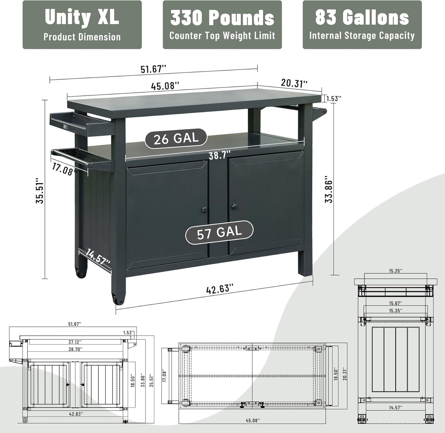 Domi Grill Carts Outdoor Storage Cabinet with Wheels, Metal Outdoor Grill Cart Kitchen Dining Table Cooking Prep BBQ Table for Patio, Kitchen Island, Home Party, Bar (Grey)