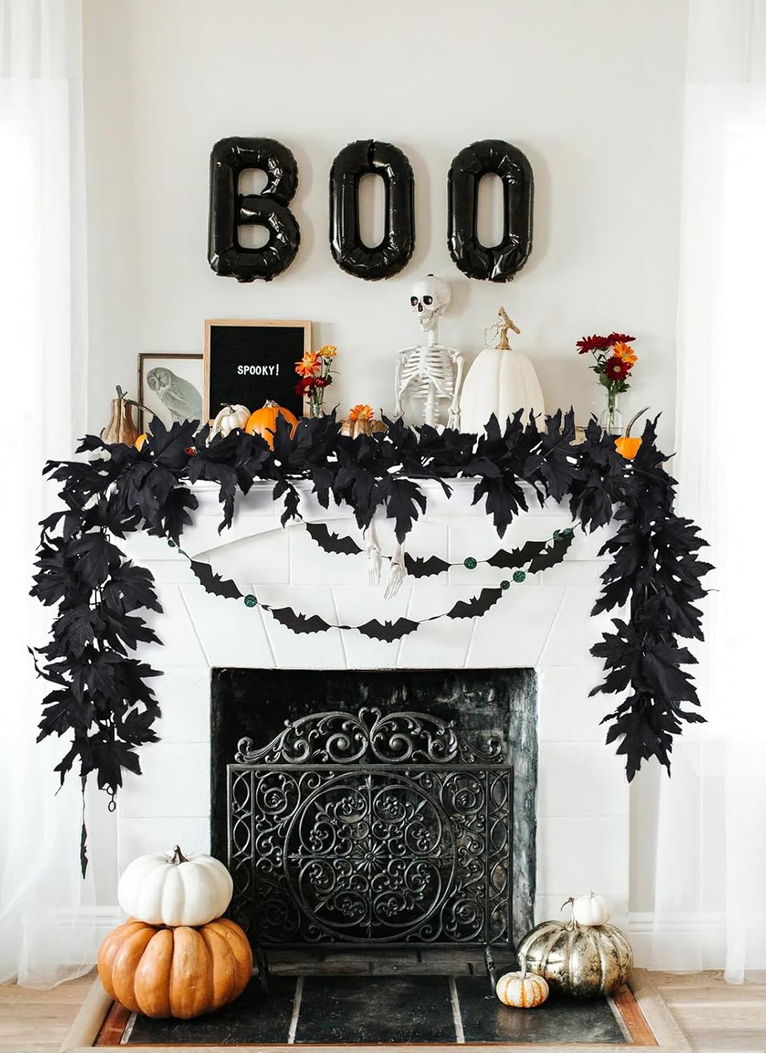 DearHouse 2 Pack Fall Maple Leaf Clearance, 5.9Ft/Piece Halloween Maple Foliage Garland Black Autumn Decor for Home Fireplace Party (Black)