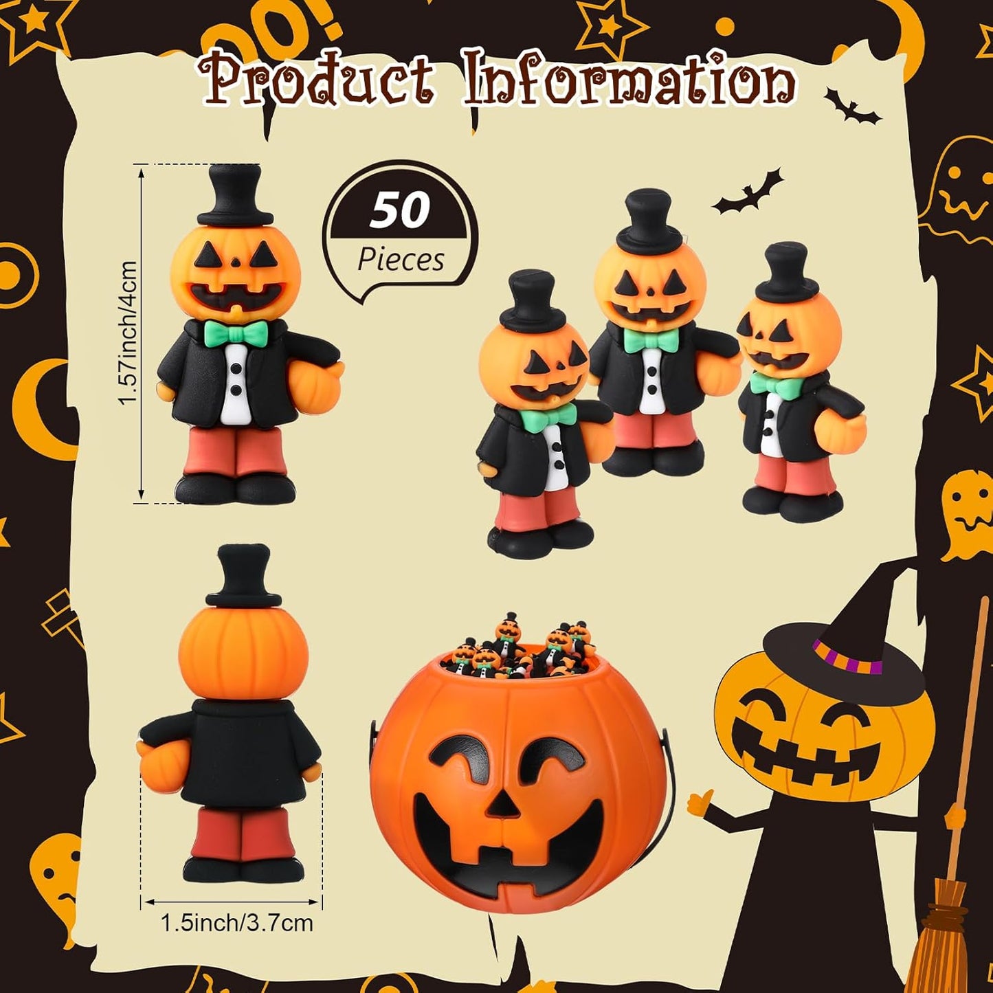 50 Pcs Halloween Mini Figurines Tiny Pumpkin Figures to Hide and Seek Rubber Wizard Miniatures Ornaments Gifts for Halloween Party Favors Table Decorations(Pumpkin)