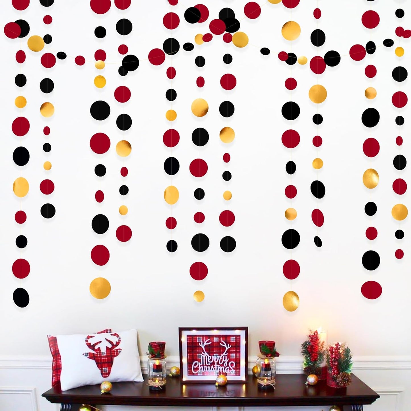 Gold Black Red Party Decorations Circle Dots Streamer Hanging Paper Polka Dots Garland for Graduation Birthday Wedding Anniversary Baby Shower Holiday Pirate Poker Casino Las Vegas Party Supplies