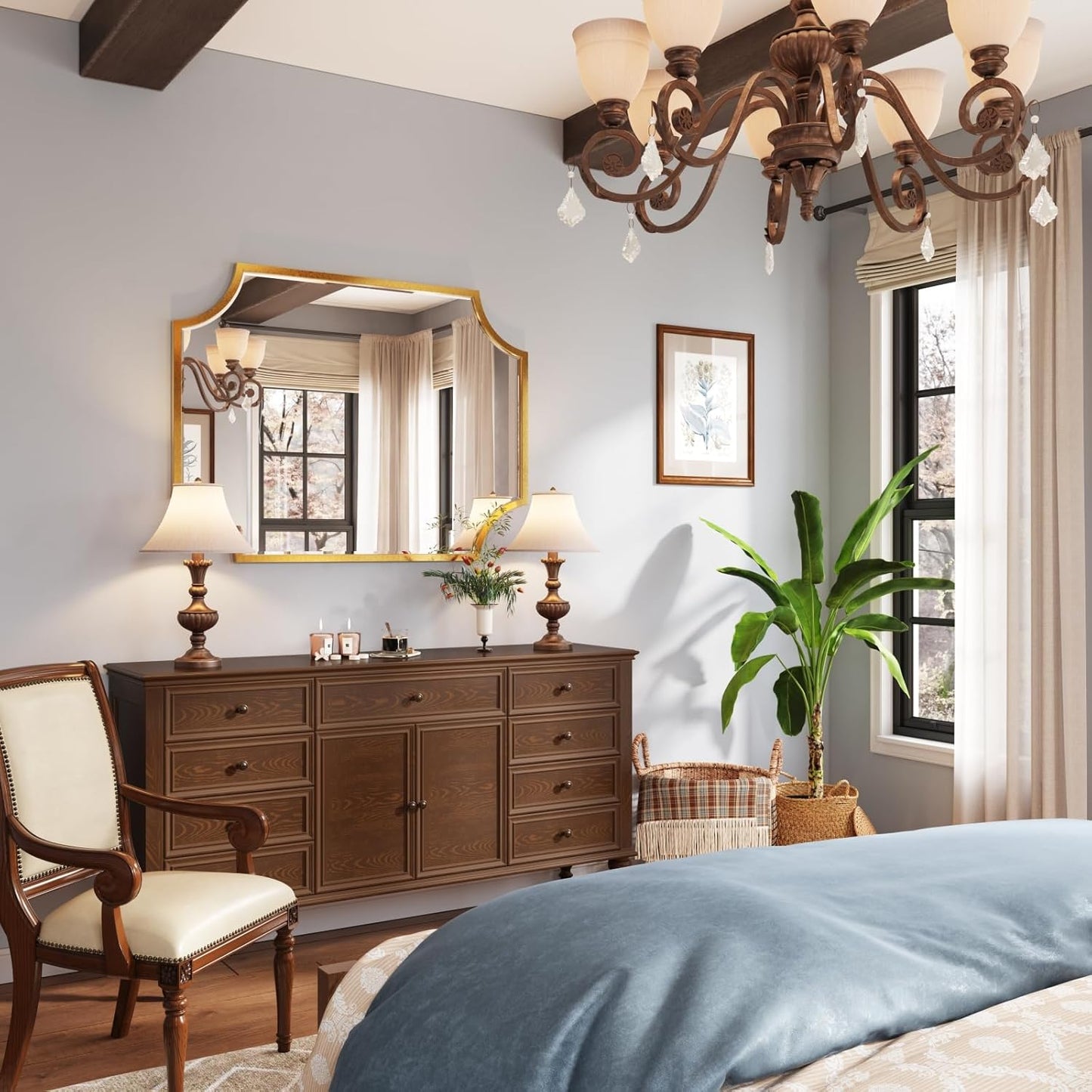 Kelly Miller 30"x40" Large Gold Bathroom Mirror for Wall, Gold Scalloped Vanity Mirror Bevelled Framed Decorative Mirror for Master Bath Half Bath Entrance Hallway Bedroom Living Room Fireplace Mantle