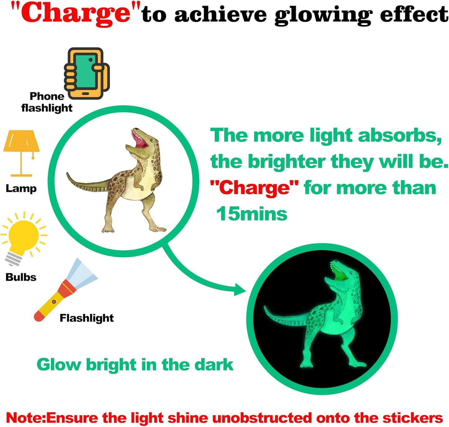 Dinosaur Wall Decals Glow in The Dark Dinosaur Wall Stickers Watercolor Dinosaur Decal Large Removable Vinyl Dino Wall Decals for Boys Bedroom Kids Girls Nursery Playroom Living Room Wall Decor Green