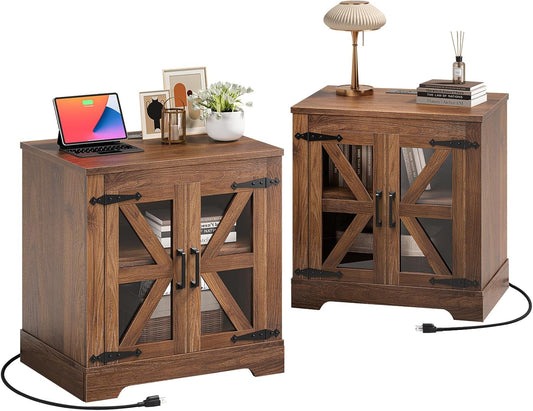 Farmhouse Side Table - 24" Large Night Stand Set 2, Wood Nightstand with Charging Station, Bedside Table with Adjustable Shelf, End Tables Living Room, Rustic Bed Side Tables Bedroom, Walnut