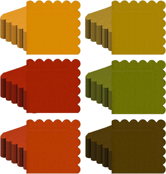 150 Pcs 5 x 5 Inches Fall Thanksgiving Paper Napkins Scalloped Cocktail Napkins Disposable Autumn Harvest Party Supplies Dessert Beverage Bathroom Table Dinner Wedding Decor