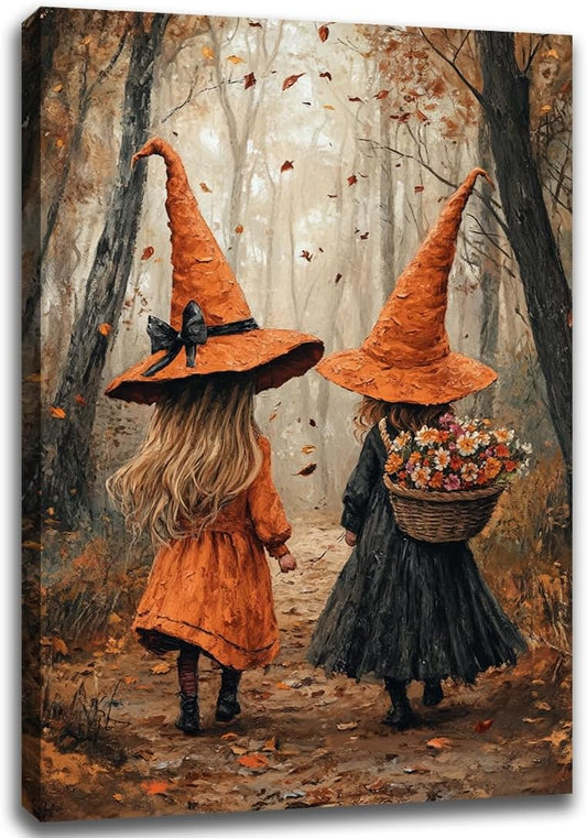 Fall Wall Art Witch Picture Decor,Little Girl Witch Halloween Wall Art, Vintage Autumn Whimsical Woodland Forest Picture, Family Room Nursery Playroom Children Room Decoration,20"x30" Framed