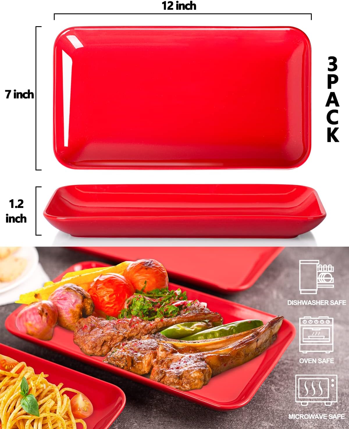 DELLING 3 Pack Rectangular Serving Platter and Trays, 12" Appetizer/Salad/Dessert Plates, Entertaining, Party, Romantic Date, Red