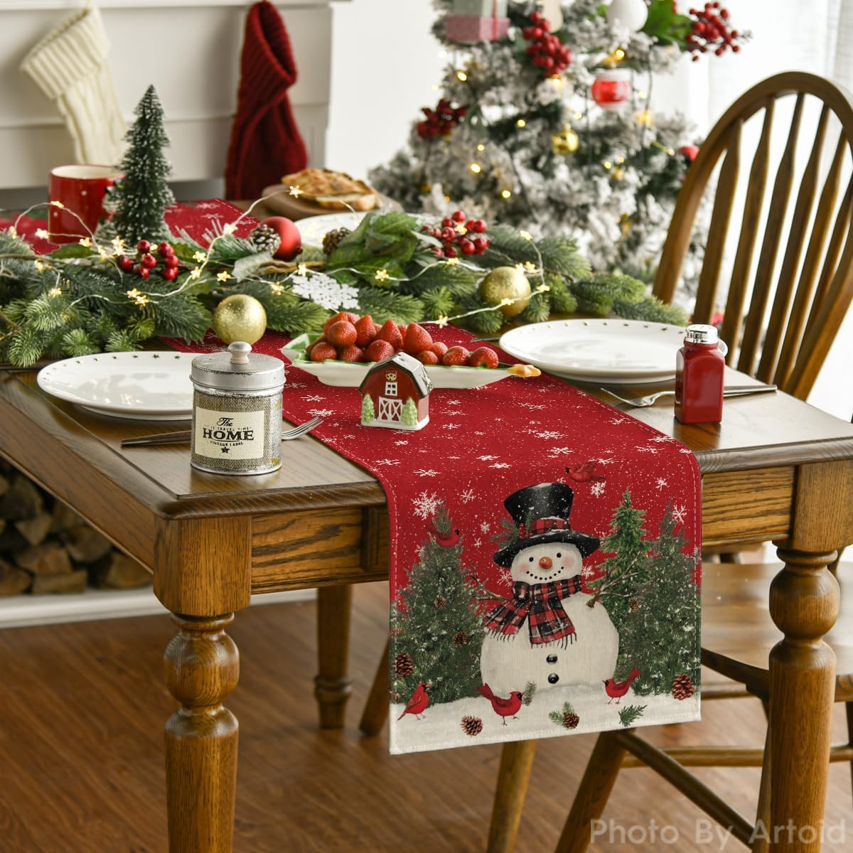 Artoid Mode Snowman Trees Snowflakes Christmas Table Runner, Seasonal Winter Xmas Holiday Kitchen Dining Table Decoration for Indoor Outdoor Home Party Decor 13 x 90 Inch