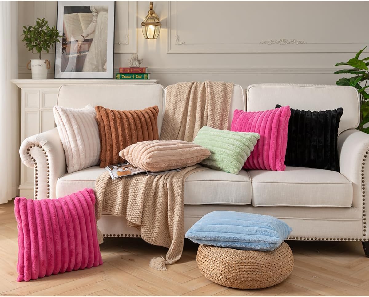 DEELAND Pack of 2,Double-Sided Faux Fur Plush Decorative Throw Pillow Covers Fuzzy Striped Soft Pillowcase Cushion Covers for Sofa Couch Bedroom Black 12x20 inch