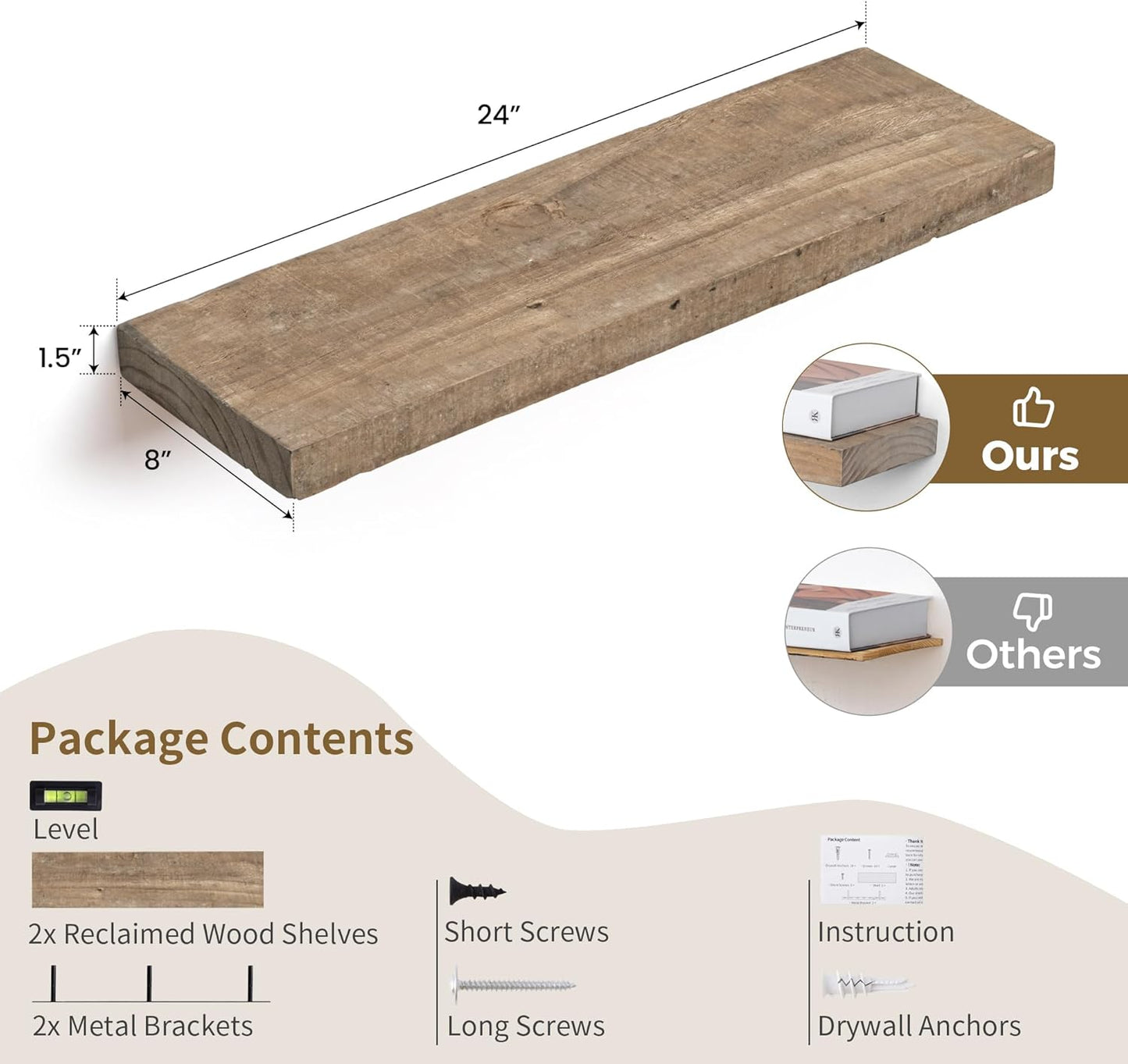 Floating Shelves, 8 Inch Deep Rustic Solid Reclaimed Wood Wall Shelves for Storage, Wall Mounted Display Shelving with Invisible Heavy-Duty Metal Bracket, 24 Inch Width Set of 2, Natural