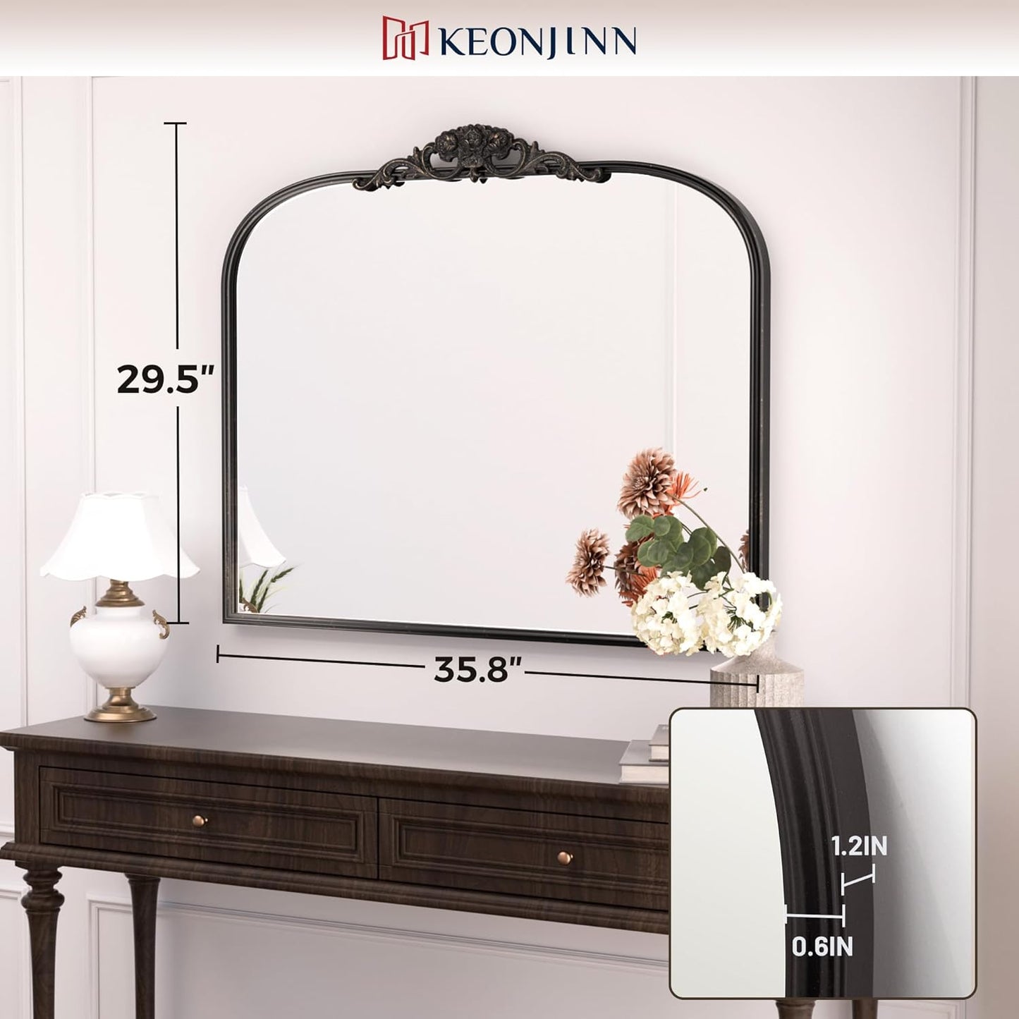 Keonjinn Vintage Mirror for Wall, 36" x 30" Black Antique Mirrors with Metal Frame, Baroque Style Decoration for Mantle, Bathroom, Living Room, Fireplace, Bedroom, French Cleat Mounting