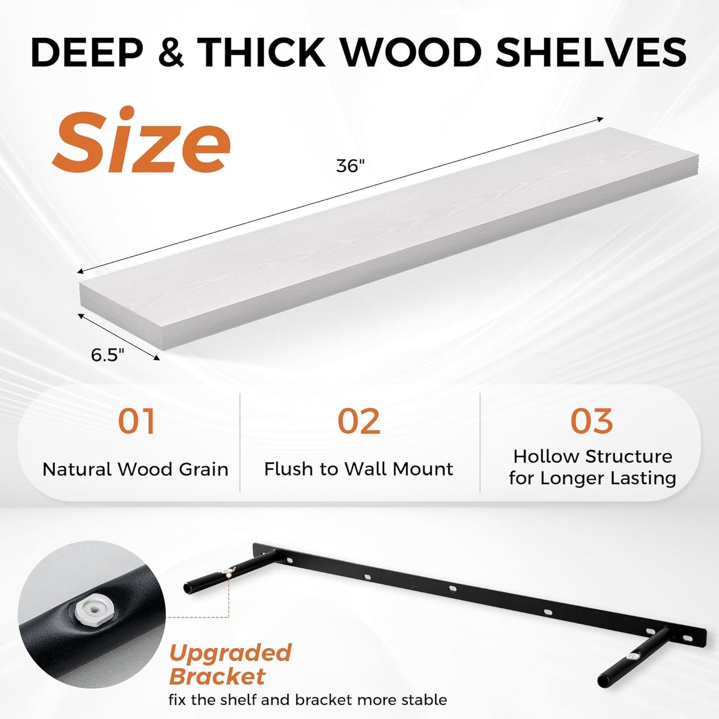 Fun Memories 36Inch Floating Shelves for Wall 2 Pack Wood Shelves for Kitchen, Bathroom, Bedroom Wall Mounted Rustic Wood Floating Shelf with Invisible Brackets for Books, Storage, Decor, White