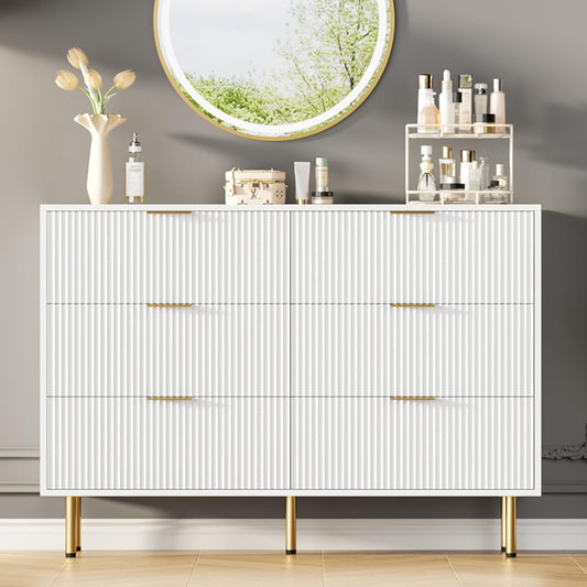 GarveeHome Fluted Wood 6 Drawers Dresser for Bedroom, Large Modern Chest of Drawers, White Dresser with Gold Handle, Wood Drawer Organizer for Bedroom, Living Room, Hallway, Entryway