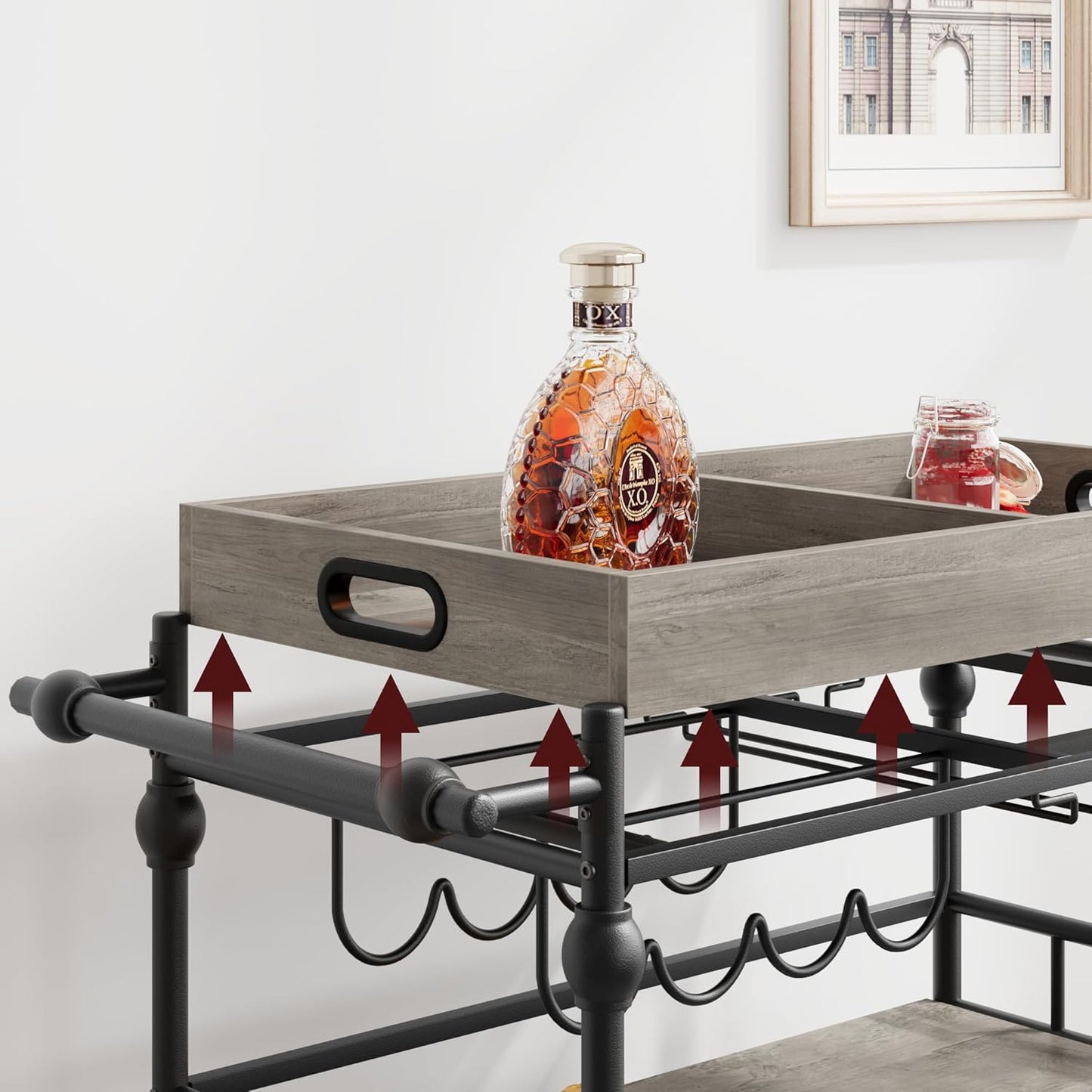 GarveeHome Bar Cart, Bar Carts for The Home, 3 Tier Serving Cart with Wheels, Home Bar & Serving Carts, Metal Rolling Cart with Wine Rack & Removable Tray for Kitchen, Dining Room, Living Room-Grey