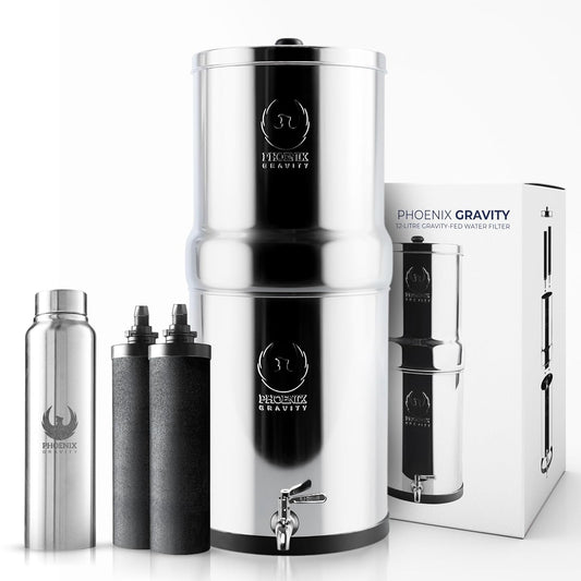 Gravity Water Filter System - 3.25 Gallons - NSF Certified - AISI 304 Stainless Steel Countertop Water Filter System with 2 Smart (Black) Carbon Filter Elements & Free Stainless Steel Water Spigot