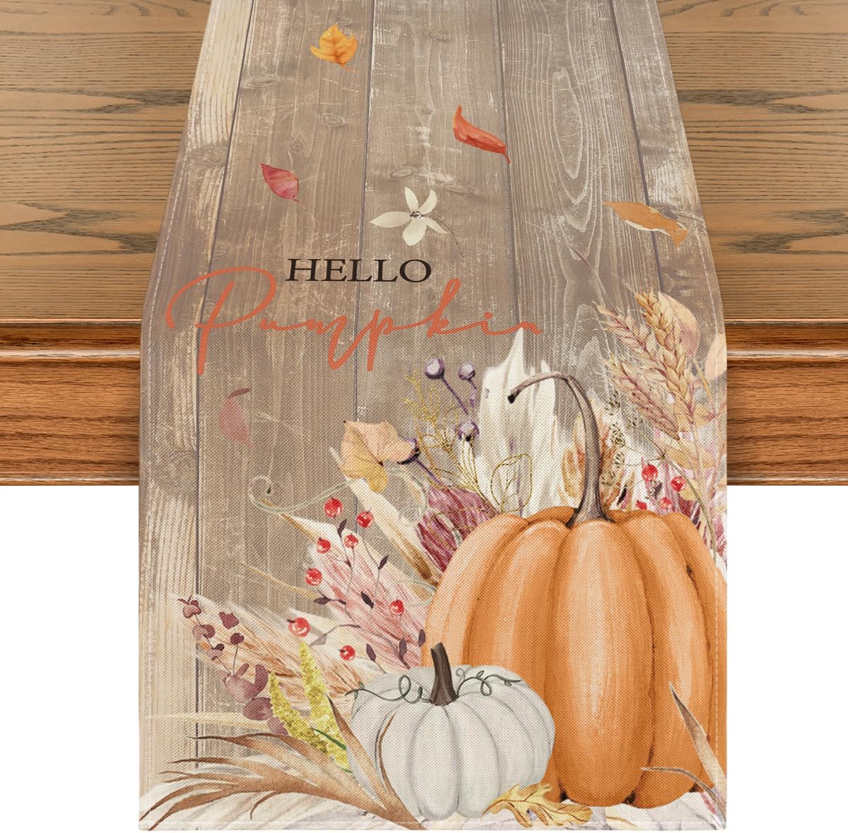 Artoid Mode Wood Hello Pumpkin Leaves 210 GSM Fall Table Runner, Seasonal Autumn Kitchen Dining Table Decoration for Home Party Decor 13x72 Inch