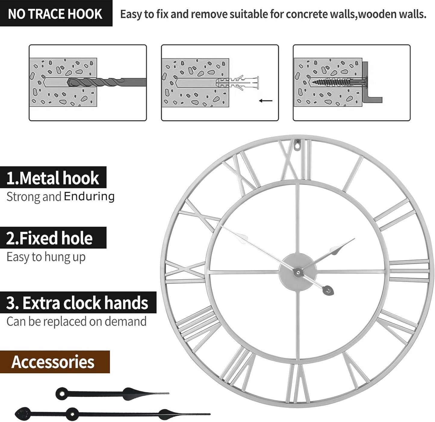 1st owned Large Wall Clock for Living Room Decor Silent Non-Ticking Decorative Wall Clock Roman Numerals Vintage Battery Operated for Kitchen Farmhouse Cafe Office Decor (Silver, 32 Inches)