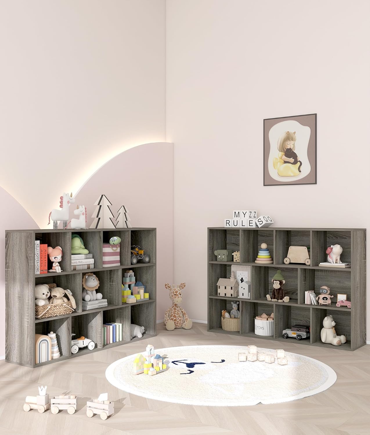 11-Cube Kids Toy and Book Storage Organizer – Wooden Cube Bookcase for Playroom and Nursery Organization, Baby Bookshelf and Kids Shelves for Room or Classroom, French Oak Finish