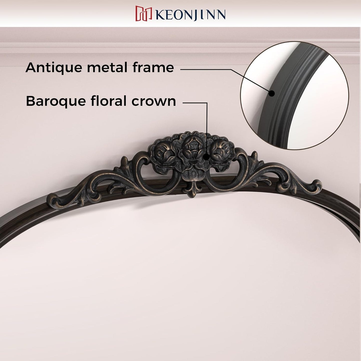 Keonjinn Vinatge Mirror 24" x 36", Black Wall Mirror Decorative, Antique Decor with Metal Frame, Baroque Arched Mirror for Mantle, Bathroom, Living Room, Hallway, Fireplace