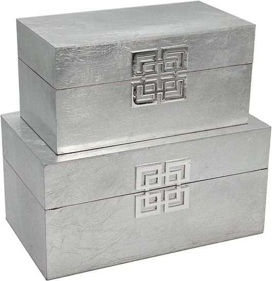 Galt International Storage Box Set Decorative Storage Box w/Hinged Lid Classic Design Wood Decor Boxes with Geometric Clasp Storage for Bedroom & Home - Set of 2 (Silver)