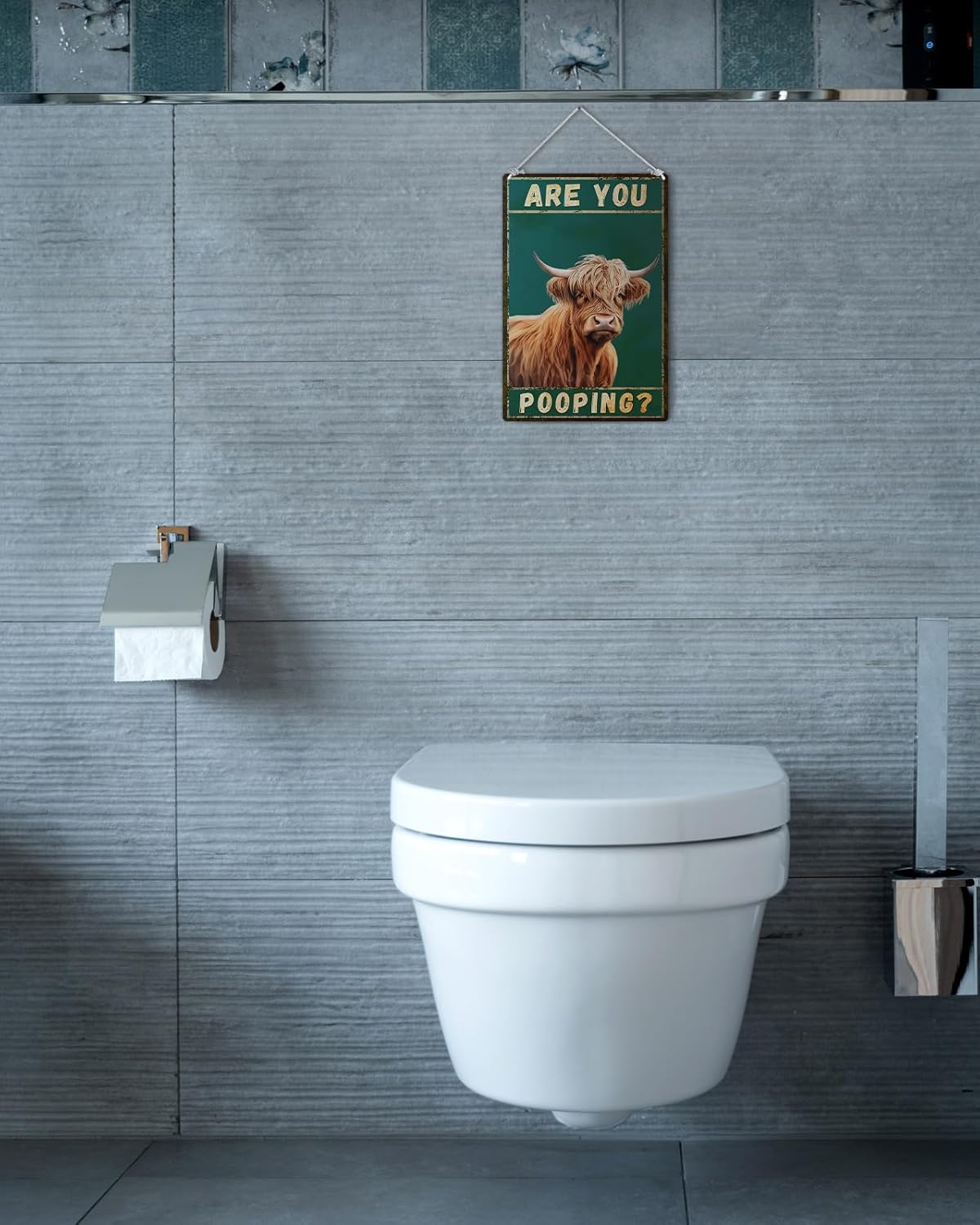 ALKB Funny Highland Cow Are You Pooping Metal Signs Vintage Farmhouse Bathroom Wall Decor Highland Cow Lovers Gift 8 x 12 Inch