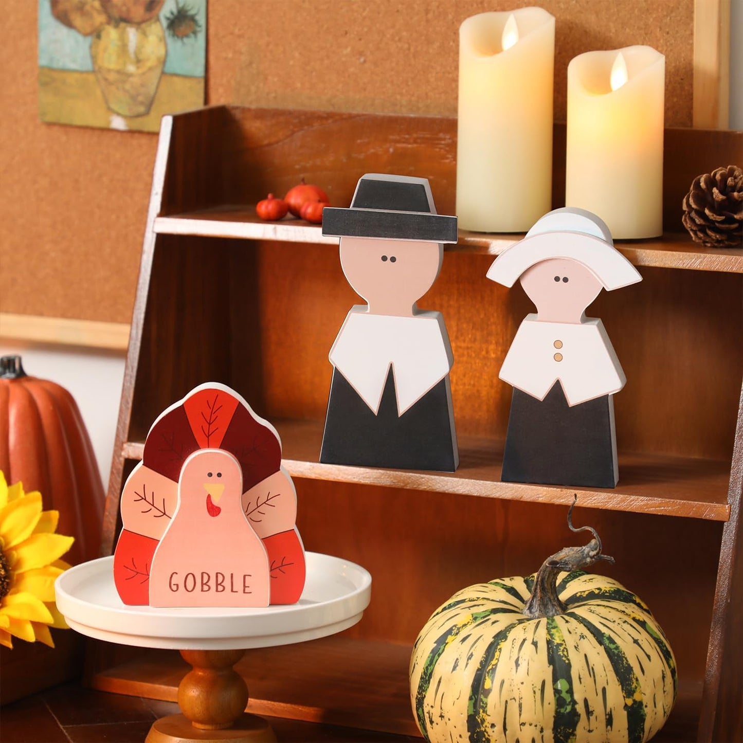 Amorita Fall Thanksgiving Decorations Wooden Turkey Pilgrim Couple Table Sign 3 Pcs Fall Thanksgiving Decor Standing Tabletop Sign Decor for Autumn Harvest - Z