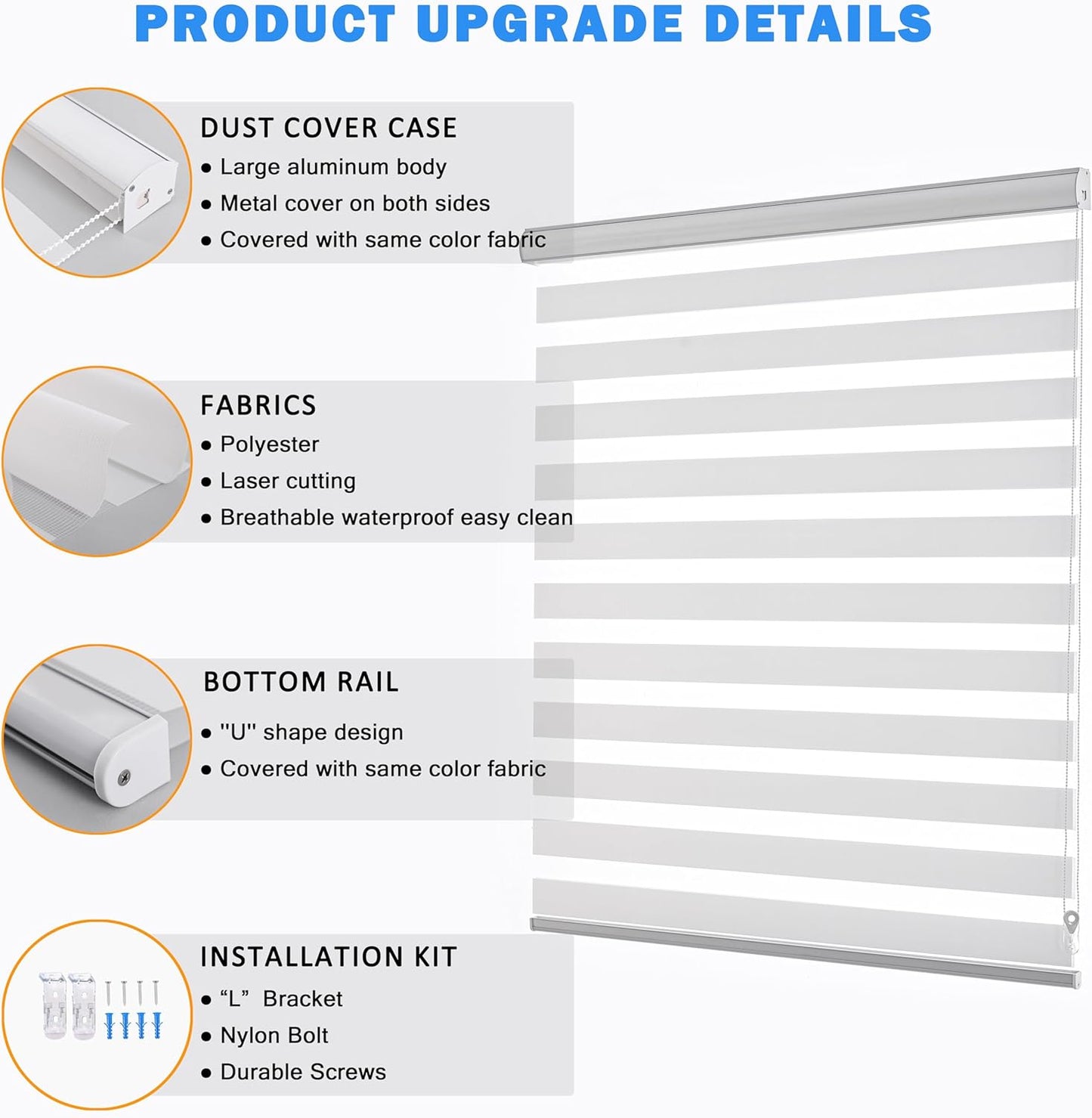 Custom Size Zebra Blinds Dual Layer Roll Up Blind for Living Room, Window Blinds Shades Privacy Light Control for Day and Night, (Maximum Height 72inch, White Color, Width 20 inch)