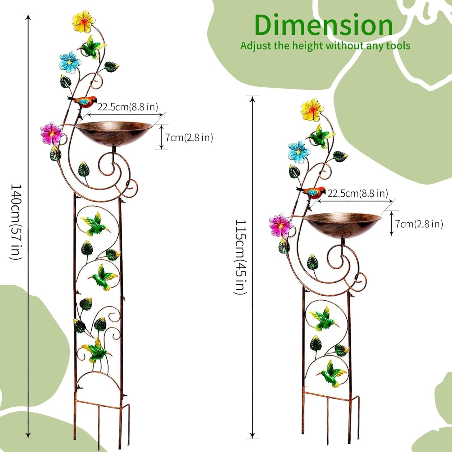 57" Height Metal Bird Bath with Trellis for Outdoor, Vintage Decorative Bird Baths, Small Garden Plant Support, Antique BirdBath for Climbing Plants with Detachable Iron Bowl (Hummingbird)