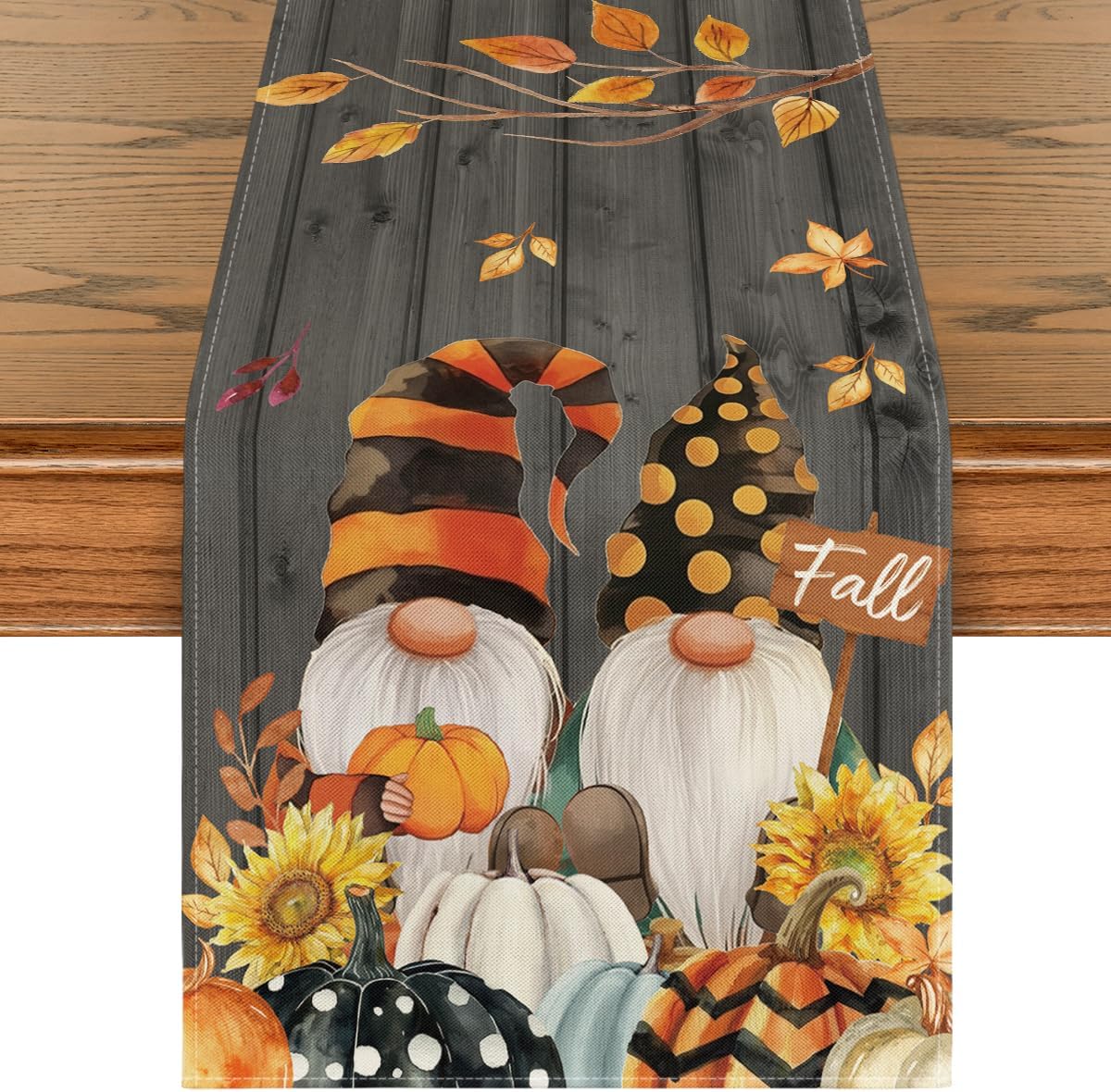 Artoid Mode Gnomes Pumpkins Sunflower Leaves Fall Table Runner, Seasonal Autumn Kitchen Dining Table Decoration for Home Party Decor 13x120 Inch