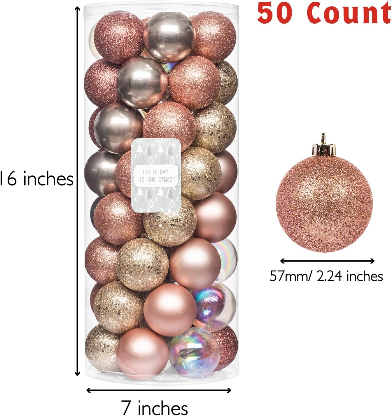 Every Day is Christmas Ornaments, Shatterproof Christmas Tree Ornament Set, Christmas Balls Decoration 50 Count (2.24"/57mm, Pink Gold)